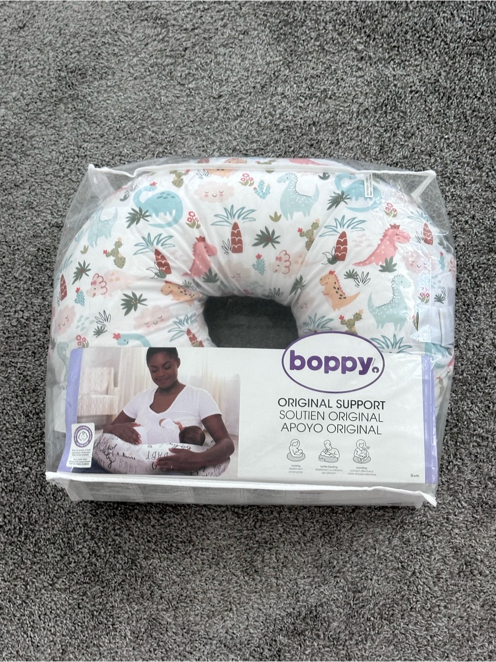 Boppy Nursing Pillow in Mint, Pink, Cream & Brown Dino Print